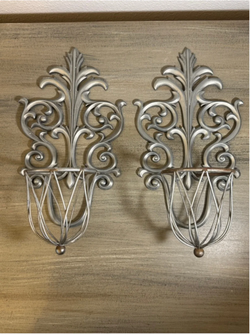Silver Tone Metal Wall Mounted Candle Sconce Holders Pair